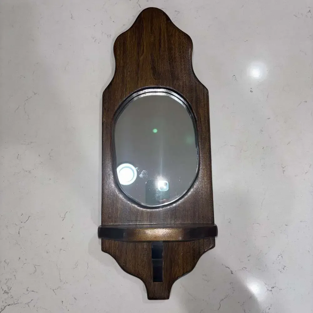 Vintage Wall-Mounted Dark Wood Sconce with Oval Mirror and Shelf